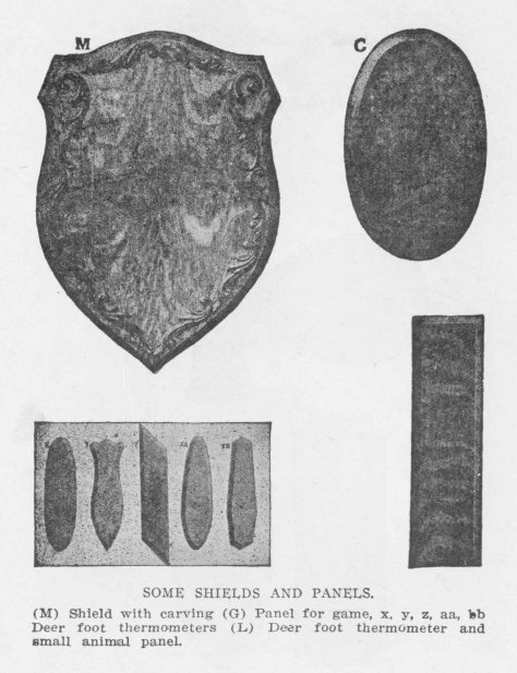 SOME SHIELDS AND PANELS. (M) Shield with carving (G) Panel for game, x, y, z, aa, bb Deer foot thermometers (L) Deer foot thermometer and small animal panel.
