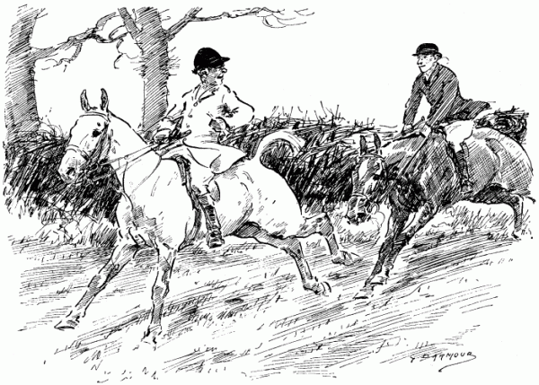 Two men riding horses.