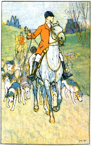 A man on a horse leading a pack of hounds
