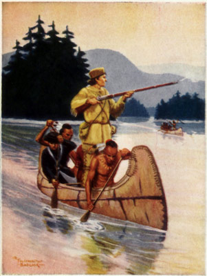 Hunter in birchbark canoe