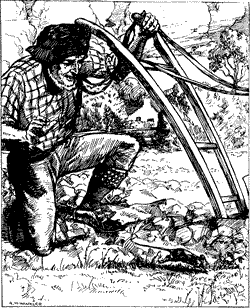 A man kneeling by a plow