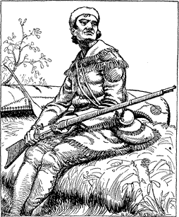 Hawkeye, holding his rifle, sitting on a rock