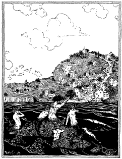 Mermaids sitting on a rock in the sea, pointing to the town on the shore