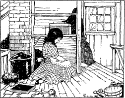 A sad-looking girl sitting in the corner of an attic, with a doll and book nearby