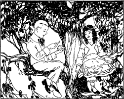 A boy and a girl sitting in the branches of a tree. The boy has a knife and cake in his hands.