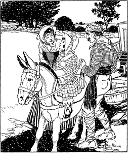 A girl sitting on a donkey, with a gypsy on either side