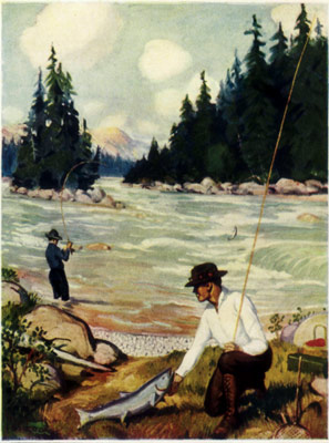 A man with a fishing rod and fish, kneeling on the bank of a river with rapids