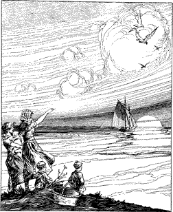 Two women and three children looking out over the sea at a departing sailing ship