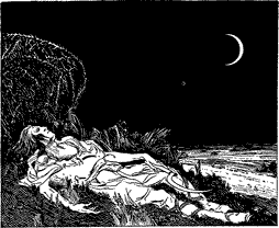 A man holding a scythe, lying on the grass. A crescent moon is in the sky.