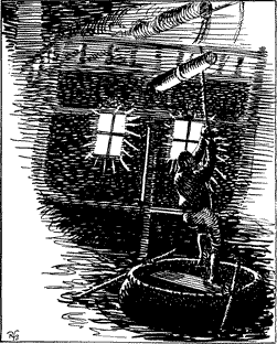 A man climbing a rope from a coracle to the ship