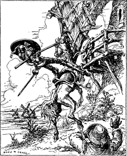 Don Quixote falling off his horse after striking the windmill with his lance