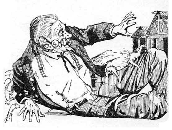 An elderly man, lying on the ground, his glasses askew, with small dinosaurs crawling on him.