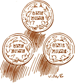 Three one dime coins