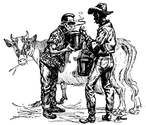 Two men standing in front of a cow while sniffing the contents of a milk pail