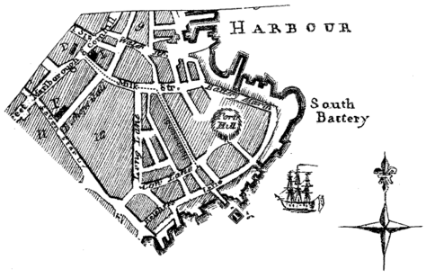 DIAGRAM SHOWING THE ROUTE TAKEN FROM THE OLD SOUTH CHURCH TO THE WHARF. (See dotted lines.)