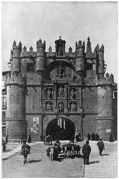 Burgos.—De Poort van Santa Maria, die zoowel aan een triomfboog als een vesting herinnert.
