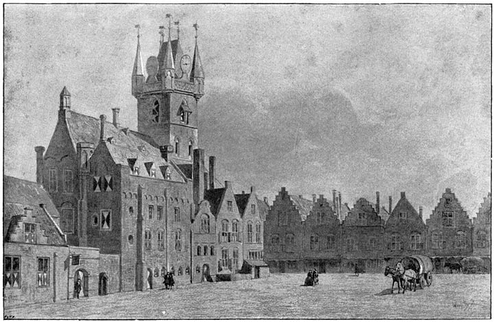 Het stadhuis en de markt te Sluis, naar een teekening ao 1739 op het gemeente-archief.