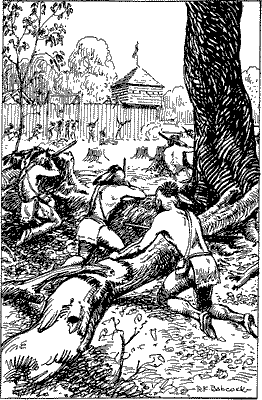 Three Indians crouching behind a tree, preparing to attack a fort