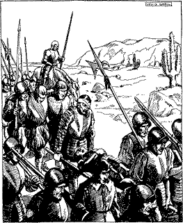 A group of conquistadors marching through a desert