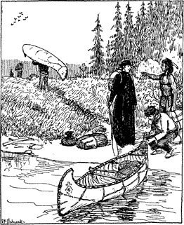 A man preparing to pull a birch-skin boat from the water, while the priest looks on
