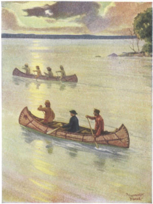 A priest in a birchbark canoe paddeled by two Indians, on a river, with suset colors