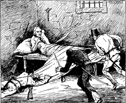 A man lying on a cot in the corner of a room, firing his pistol at three attackers