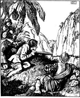 An armed group of men looking down into a mountain pass