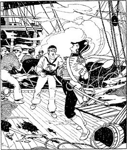A man collapsing on the deck of a ship, with sailors running to help
