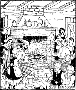 A family gathered around a fire in a fireplace