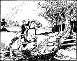 A boy on a horse jumping a stone wall