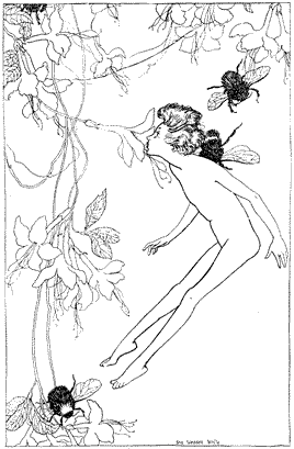 Ariel drinking nectar from a flower, surrounded with bees