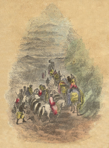 A large group of horsemen, accompanied by people on foot, ride up a valley