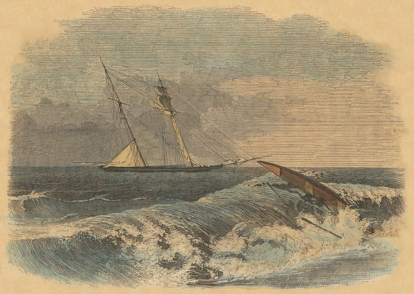 A ship sails onwards, while nearby a rowing boat overturns in the waves, tipping
the occupants into the sea