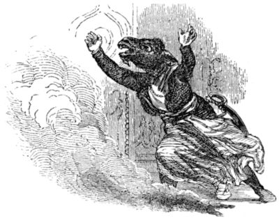 A man, with a long nose and ears (almost resembling a donkey), is running, arms
raised above his head