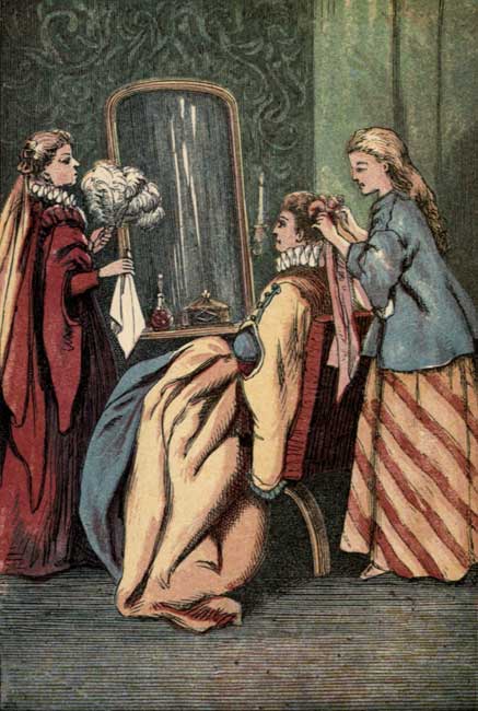 CINDERELLA DRESSING HER SISTERS FOR THE BALL.