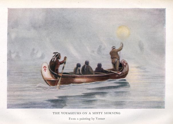 THE VOYAGEURS ON A MISTY MORNING.  From a painting by Verner