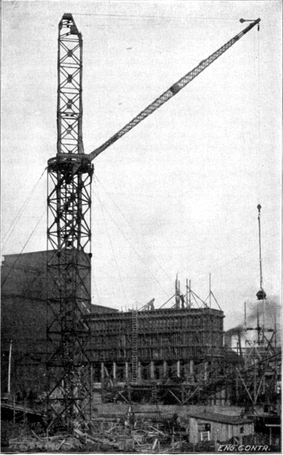 Fig. 221.—Derrick for Handling Concrete for Large
Warehouse Building.
