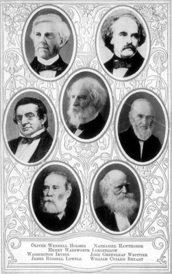 Oliver Wendell Holmes, Nathaniel Hawthorne,
Henry Wadsworth Longfellow, Washington Irving, John Greenleaf Whittier, James Russell Lowell,
William Cullen Bryant Portraits