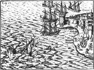 Untergang des Schiffes, auf welchem Schmidel reisen wollte, bei Cadiz 1554