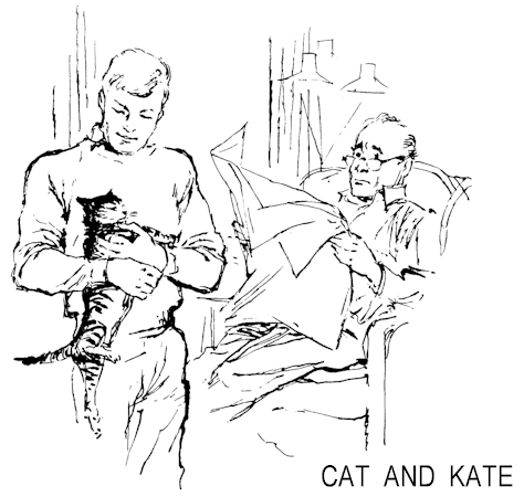 Illustration: Dave holding Cat while Dad looks up from reading his newspaper.