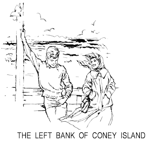 Illustration: Dave and Mary in wind on boardwalk at beach.