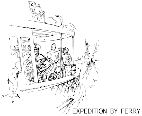 Illustration: Dave and Mary on ferry with other people.