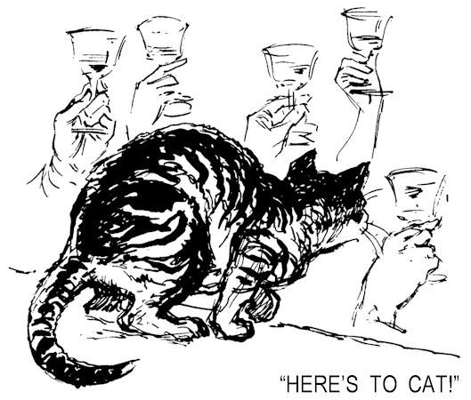Illustration: Raised champagne glasses toasting Cat.