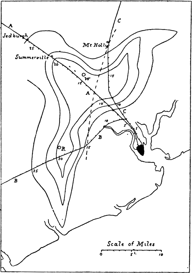 Epicentral isoseismal lines of Charleston earthquake according to Mr. Sloan.