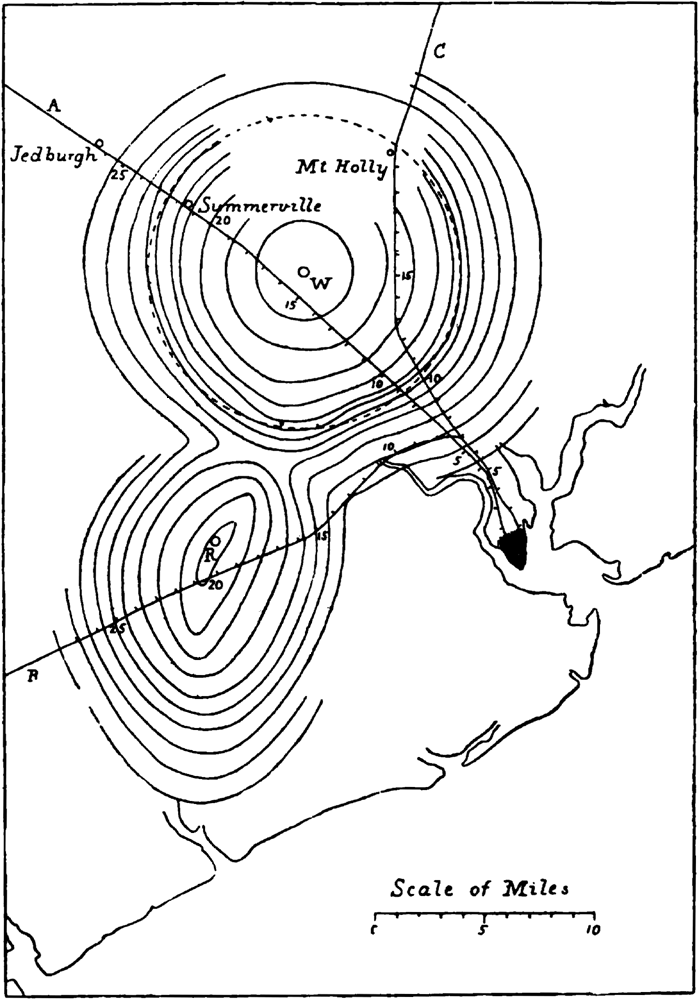 Epicentral isoseismal lines of Charleston earthquake according to Major Dutton.