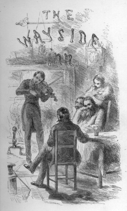 The Wayside Inn with seated storyteller, standing violin player, and three male listeners