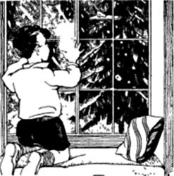 A boy kneels on a window seat, looking out at the snow.