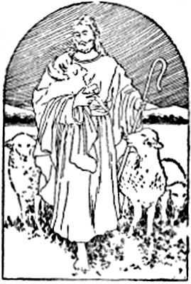 Jesus, as a shepherd, carries a lamb and is followed by two sheep.
