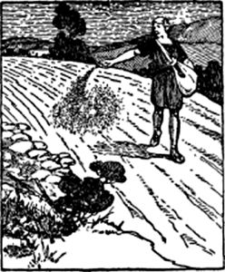 A man sowing seeds in a field.