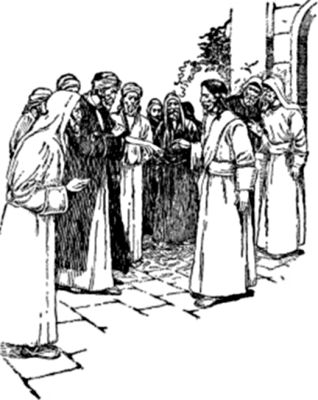 Jesus talks to the man with the withered hand; other men look on.